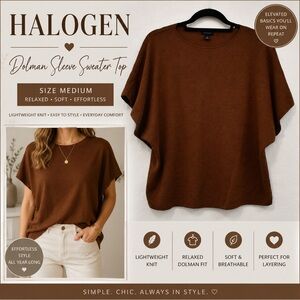 Halogen Brown Dolman Sleeve Sweater Top Size M Lightweight Knit Relaxed Fit